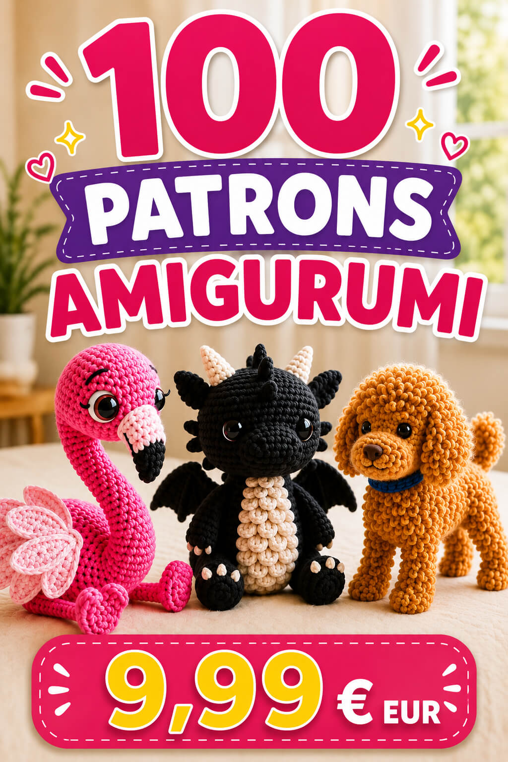 100 patrons amigurumi PDF avec dragon, flamant rose et chien kawaii, téléchargement numérique instantané en français.